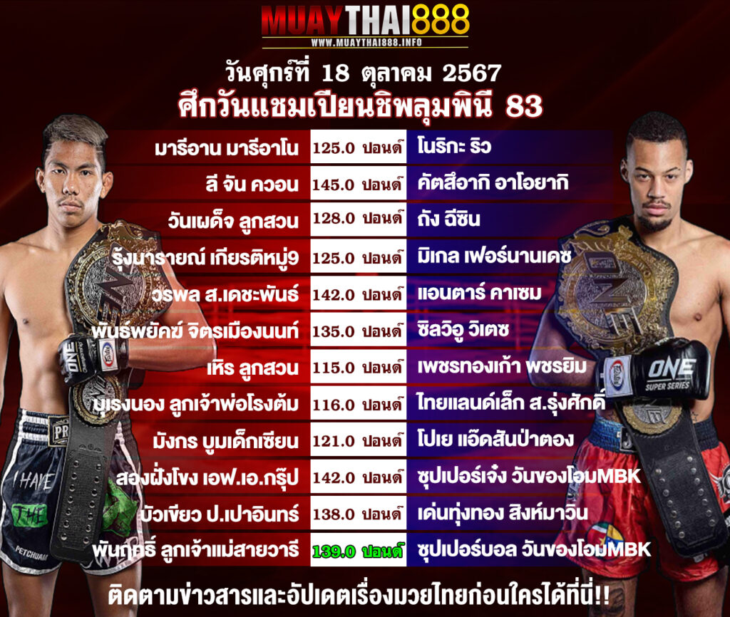 โปรแกรมมวย ศึกวันแชมเปียนชิพลุมพินี 83 วันที่ 18 ต.ค. 67